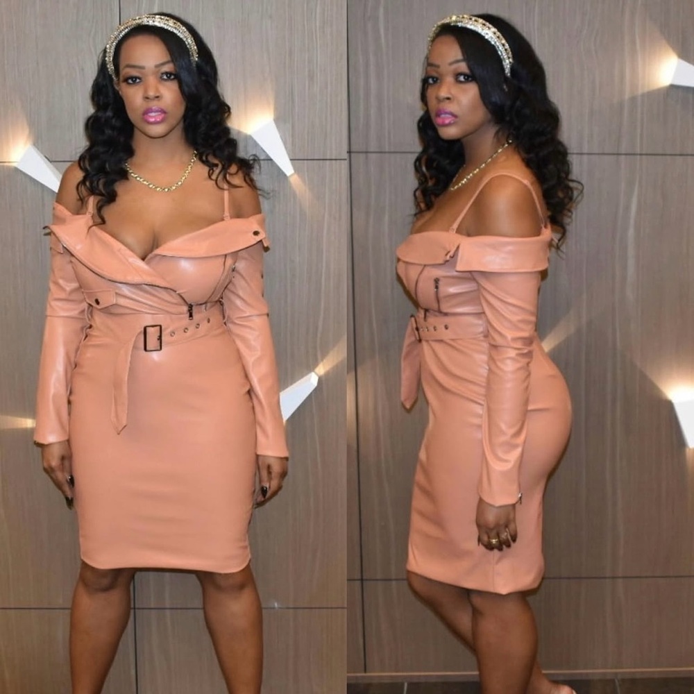 Elegant Tan Off-Shoulder Belted Dress